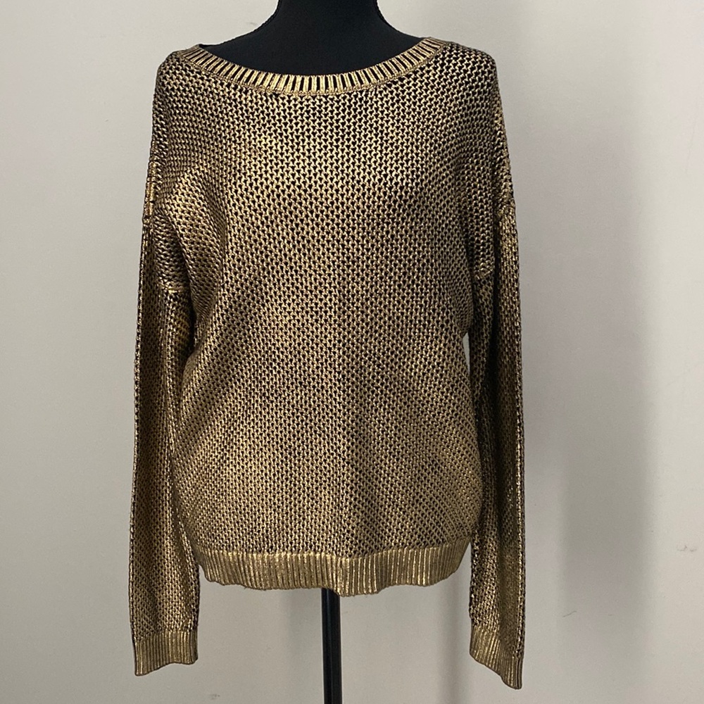 INC Womens Gold Metallic Open Knit Pointelle Long Sleeve Statement Sweater M